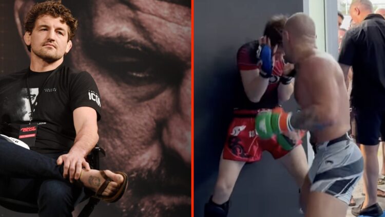 Ben Askren on stage during the press conference ahead of his fight against Jake Paul split with Conor McGregor during a recent sparring session