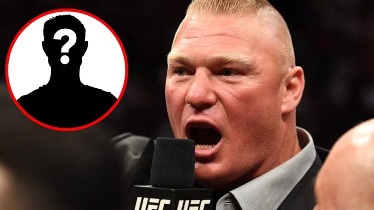 Brock Lesnar speaks into a UFC mic inside the Octagon at UFC 226, inset mystery icon