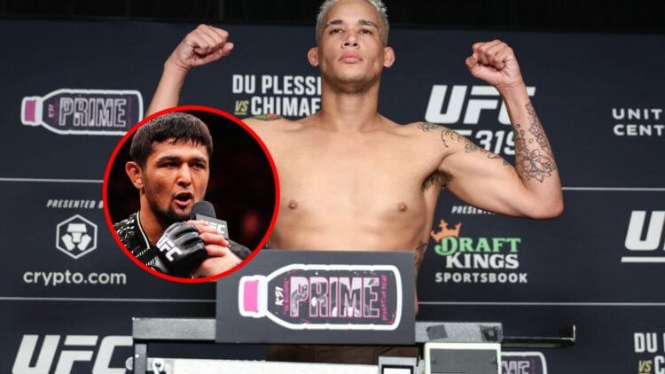 Bryan Battle at the UFC 319 weigh-ins, inset of Nursulton Ruziboev on the UFC microphone