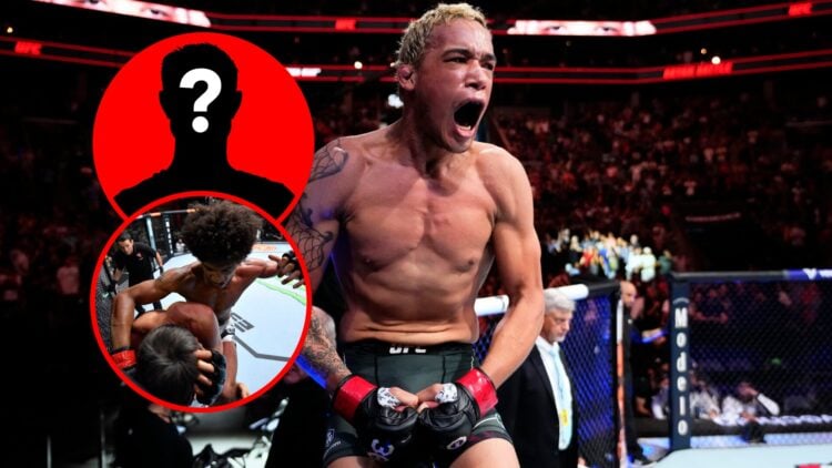 Bryan Battle celebrating KO win on top of UFC Octagon, Alex Caceres punching opponent in UFC, with mystery inset