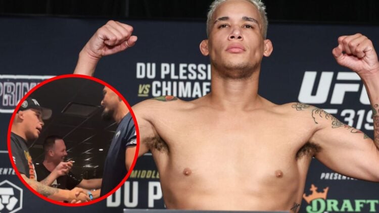 Bryan Battle poses on the scales at UFC 319, inset Battle and Nursulton Ruziboev shake hands