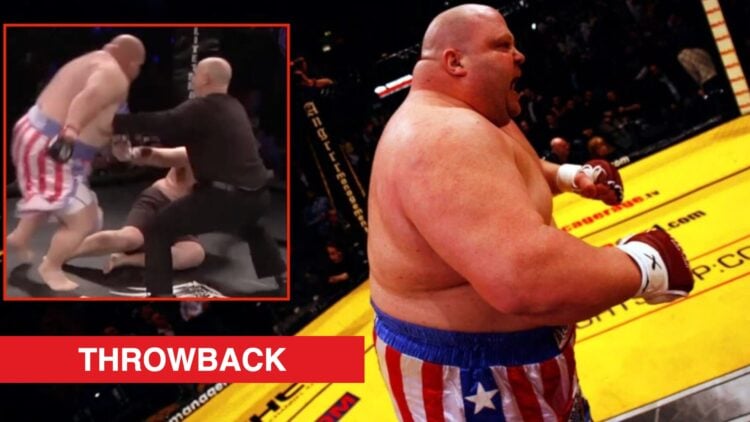 Butterbean celebrates beating James Thompson, inset of him knocking out Dean Storey.