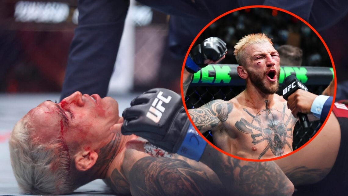 Charles Oliveira moments after being knocked out by Ilia Topuria with an inset of Dan Hooker following his win at UFC 305