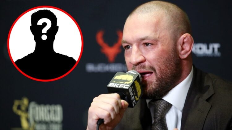 Conor McGregor speaks at a press conference before BKFC 70, inset mystery icon