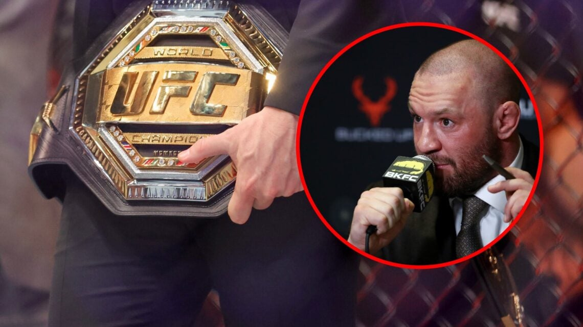 Main: Dana White holds a UFC title inside the Octagon at UFC 310. Main: Conor McGregor interacts with the media during a press conference for BKFC 70.
