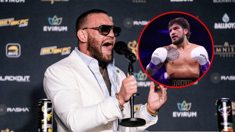 Main: Conor McGregor shouting into a microphone at a BKFC press conference. Inset: Dillon Danis during his Misfits Boxing debut against Logan Paul