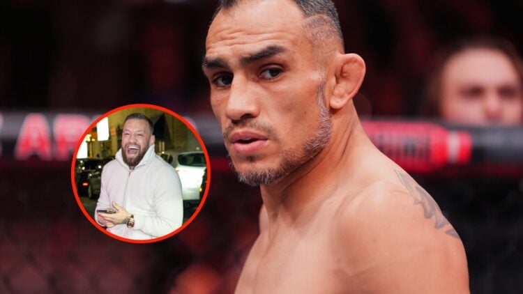 Insert: Conor McGregor laughs as paparazzi take photographs of him in New York City. Center: Tony Ferguson in the Octagon ahead of his lightweight ...