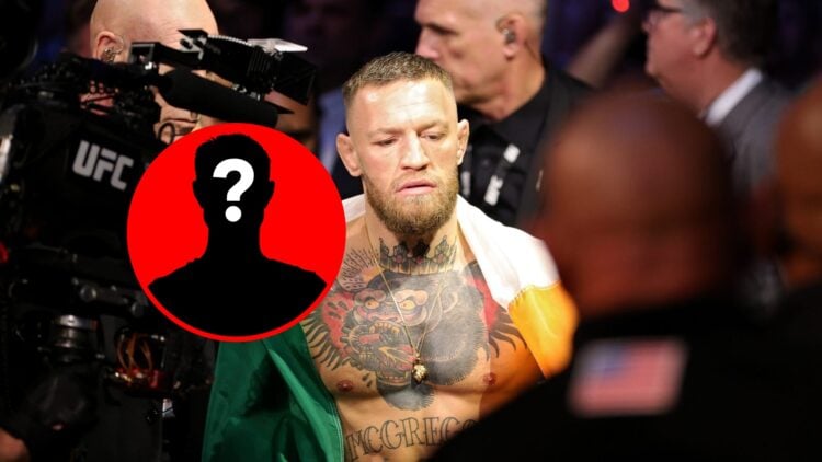 Conor McGregor walking out at UFC 264, with mystery inset