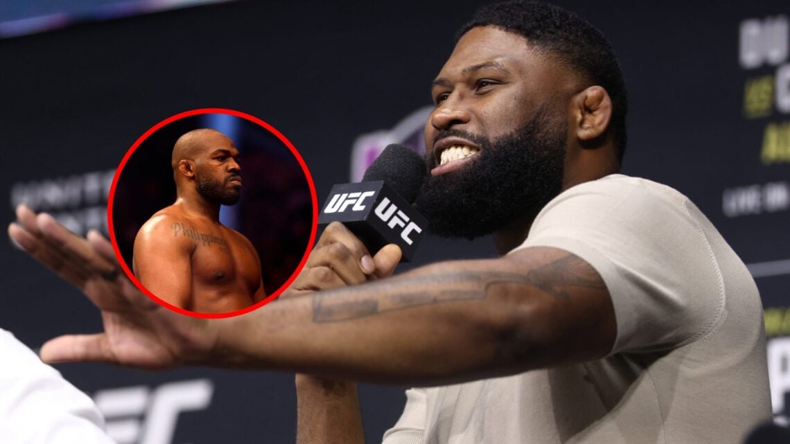 Curtis Blaydes at UFC 319 Q&A, with inset of Jon Jones