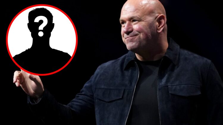 Dana White gestures to the crowd at the UFC 315 ceremonial weigh-ins, inset mystery icon