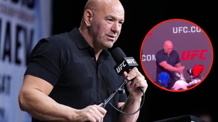 Center: Dana White attends the UFC 319 pre-fight press conference in Chicago, Illinois. Insert: Dana White with two robotic fighters in China.