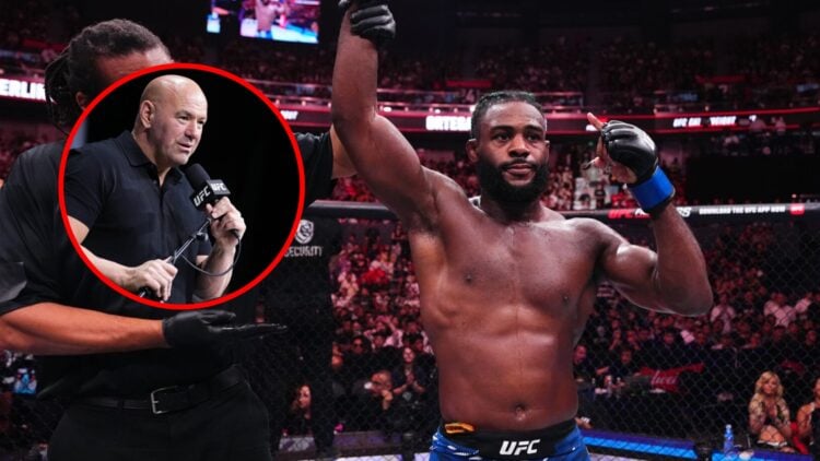 Main: Aljamain Sterling gets his hand raised after beating Brian Ortega. Inset: Dana White speaks while on stage at the UFC 319 press conference.