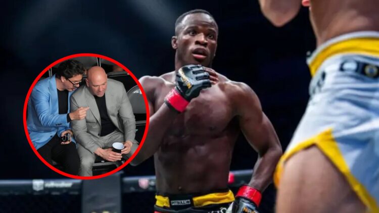 Main: Losene Keita during his fight against Niko Samsonidse at Oktagon 50. Inset: Dana White and Hunter Campbell speak while sat cageside at UFC 303.