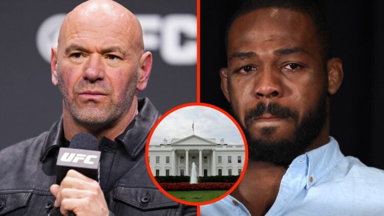 Dana White at a UFC press conference, Jon Jones crying, inset of the White House
