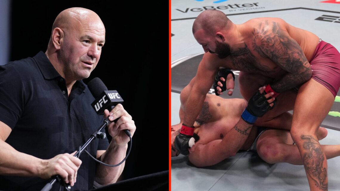 Josh Hokit punches Guilherme Uriel on the ground during his win on Dana White's Contender Series and Dana White speaks at the UFC 319 press conference