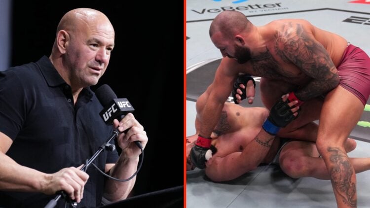 Josh Hokit punches Guilherme Uriel on the ground during his win on Dana White's Contender Series and Dana White speaks at the UFC 319 press conference