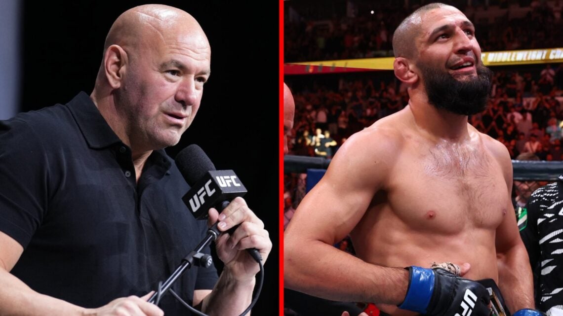 Dana White at a press conference, Khamzat Chimaev reacts to winning at UFC 319