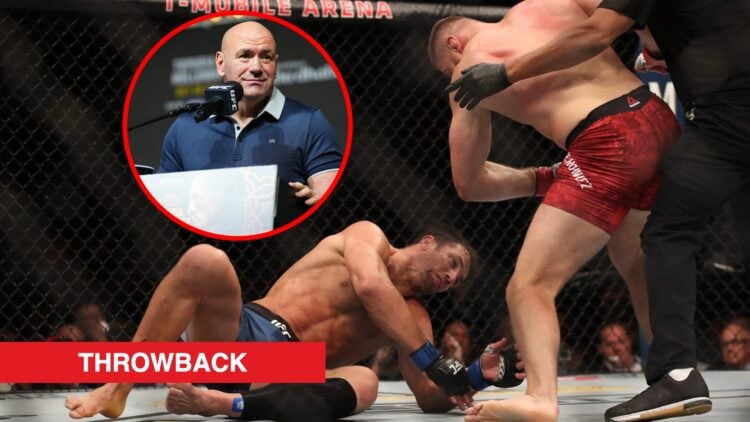 Main: Jan Blachowicz finishes Luke Rockhold during their fight at UFC 239. Inset: Dana White on stage at the UFC 308 press conference