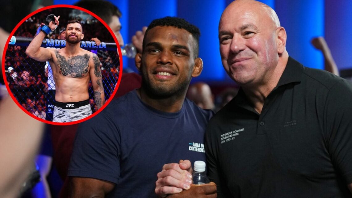 Dana White poses with DWCS contract winner Manoel Sousa, inset of Mauricio Ruffy preparing to fight at UFC 313.
