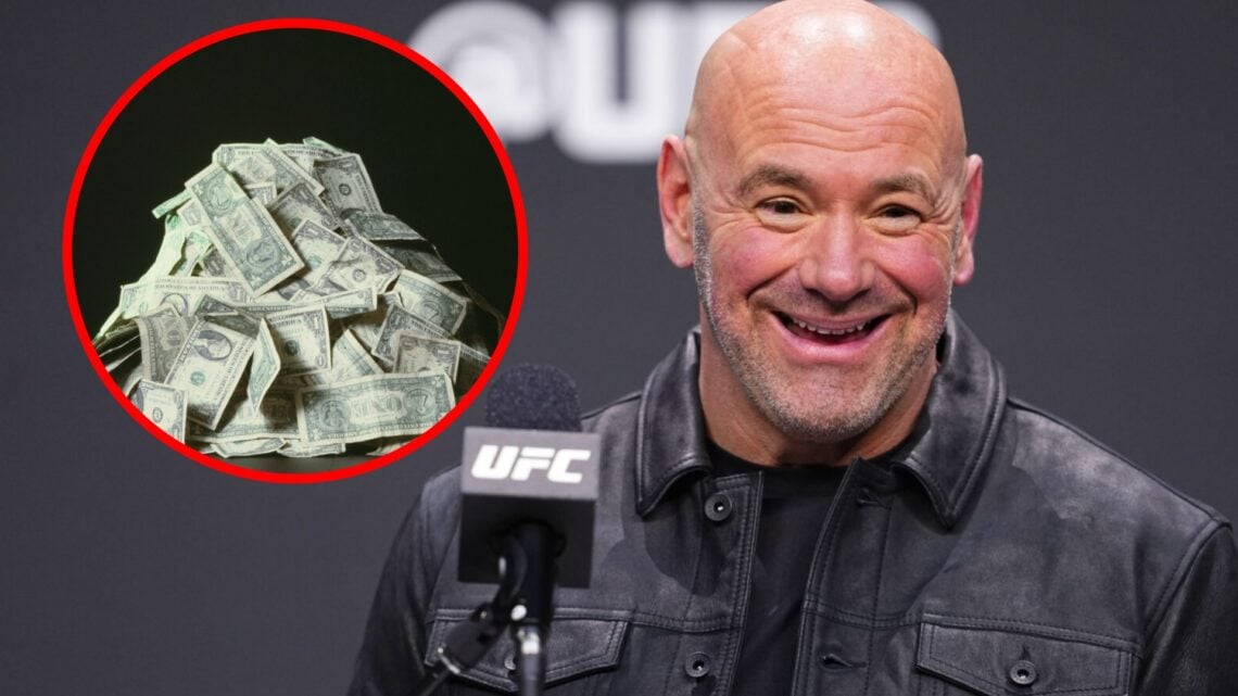 Dana White smiles during a UFC press conference, inset a stack of US dollar bills.