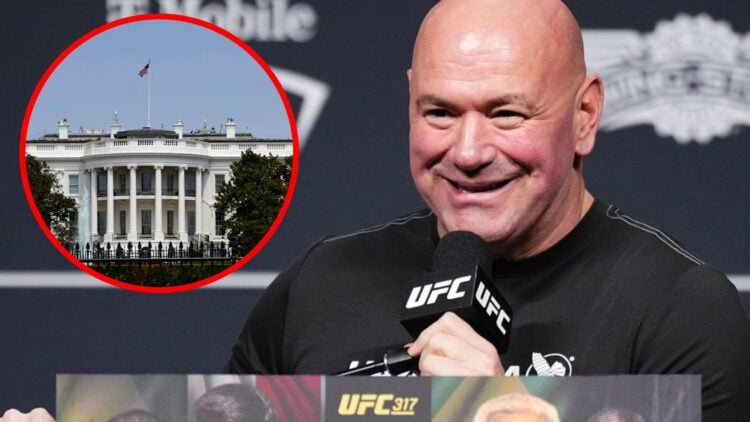 Dana White speaks at the UFC 317 press conference, inset of the White House.