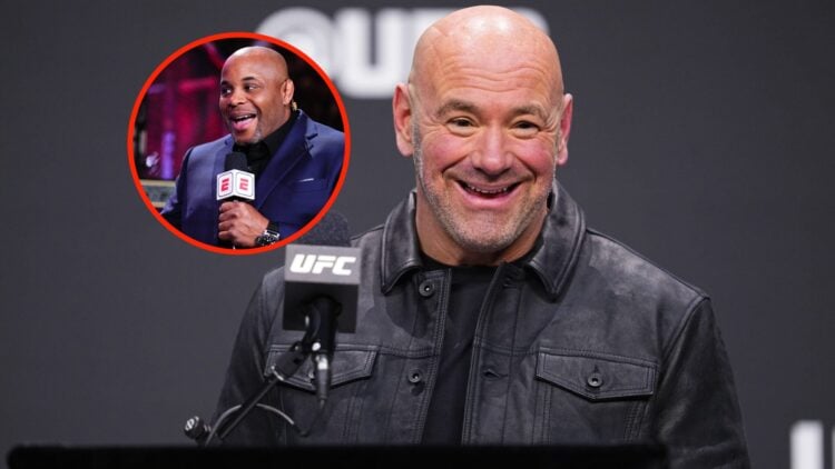 Insert: Daniel Cormier talks ahead of the UFC 300 card in Las Vegas, Nevada. Center: Dana White on stage at the UFC 2024 Seasonal Press Conference