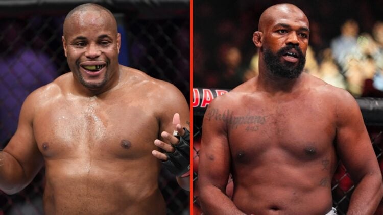 Left: Daniel Cormier celebrates in the Octagon after his win over Derrick Lewis at UFC 230. Right: Jon Jones in the Octagon ahead of his heavyweigh...