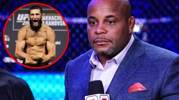 Daniel Cormier looks on during the UFC 309 broadcast at Madison Square Garden, inset Khamzat Chimaev poses on the scales ahead of UFC 294