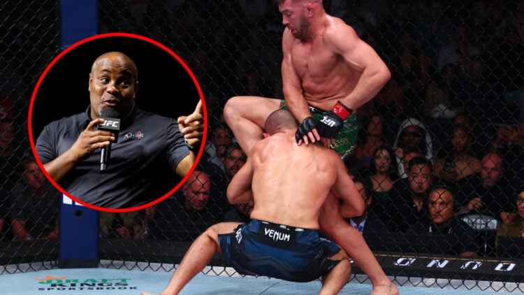 Main: Khamzat Chimaev shoots for a takedown against Dricus du Plessis in their title fight at UFC 319. Inset: Daniel Cormier speaks on stage during...