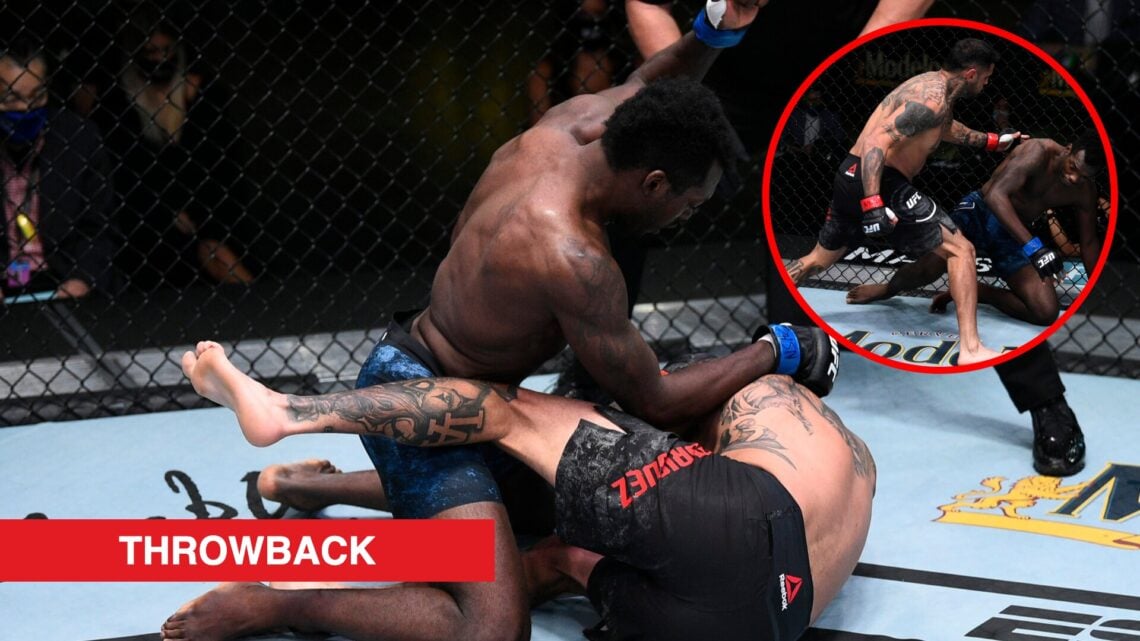 Main: Dwight Grant punches Daniel Rodriguez on the ground during their fight at UFC Vegas 7. Inset: Daniel Rodriguez knocks Dwight Grant down in th...