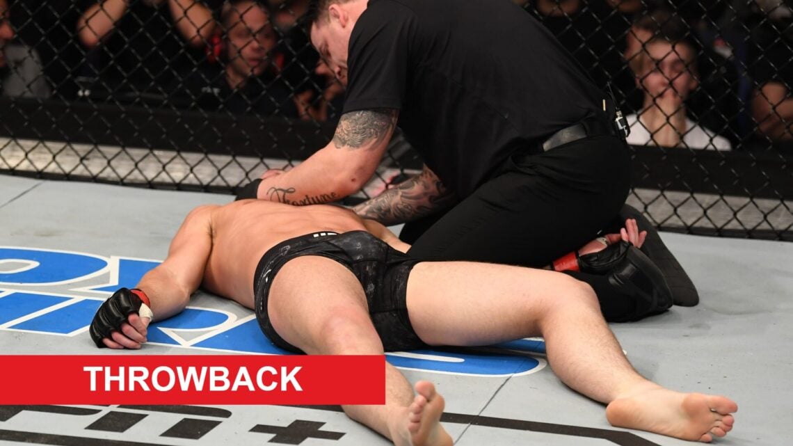 Marc Goddard attends to Darren Till after his knockout loss to Jorge Masvidal, inset throwback banner
