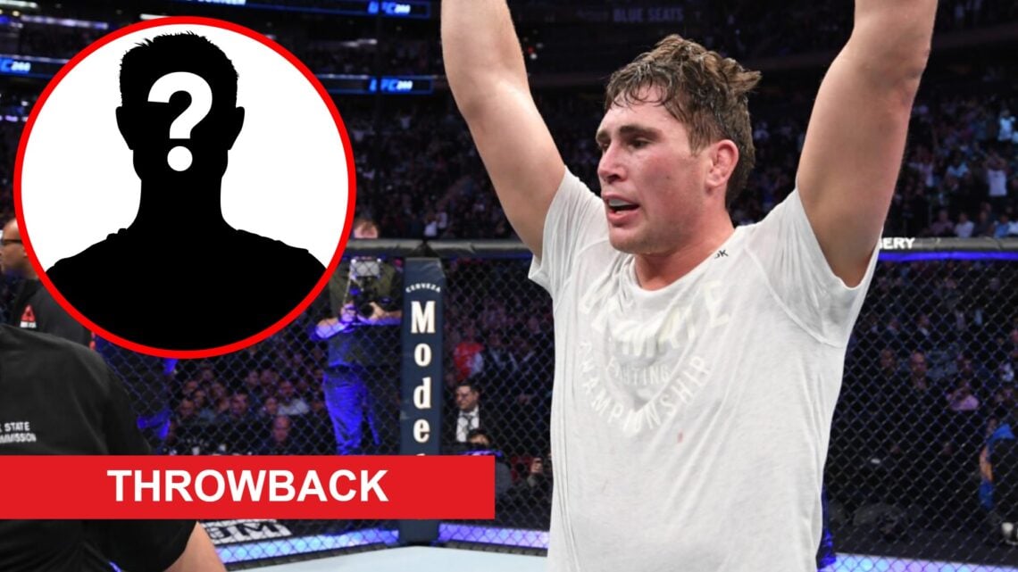 Darren Till celebrates after beating Kelvin Gastelum at UFC 244, inset mystery icon and throwback banner