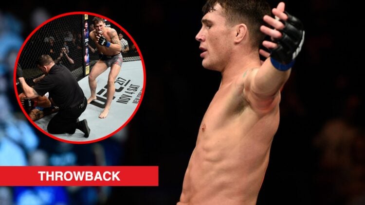 Main: Darren Till celebrates after beating Donald Cerrone via TKO in their fight at UFC Gdansk. Inset: The referee intervenes to stop Darren Till a...