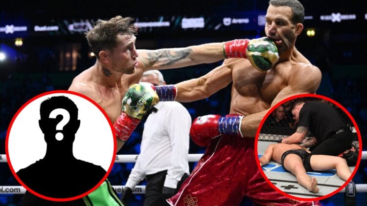 Darren Till punches Luke Rockhold at Misfits Boxing 22, inset mystery icon and Marc Goddard attends to Till after Jorge Masvidal knockout