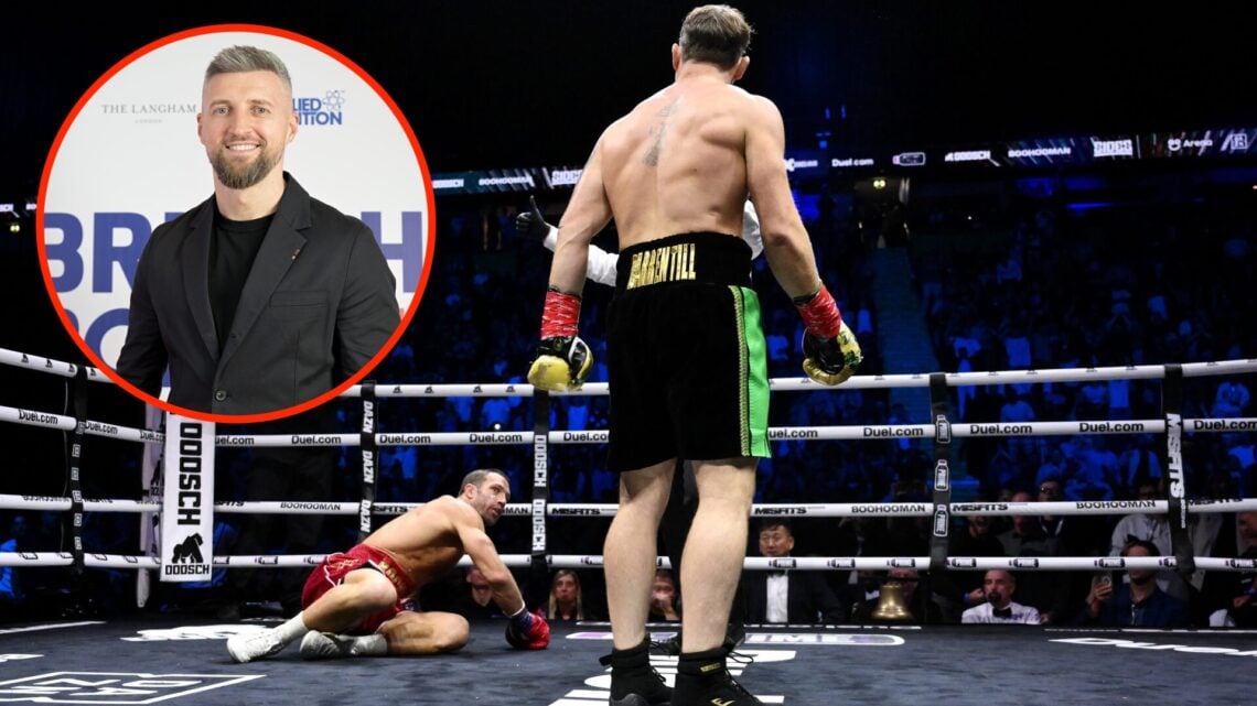 Darren Till drops Luke Rockhold during their Misfits 22 boxing fight with an inset of Carl Froch