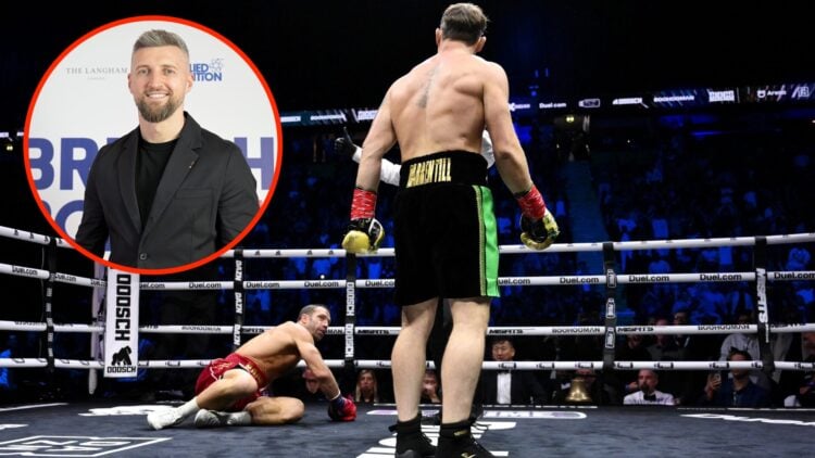 Darren Till drops Luke Rockhold during their Misfits 22 boxing fight with an inset of Carl Froch