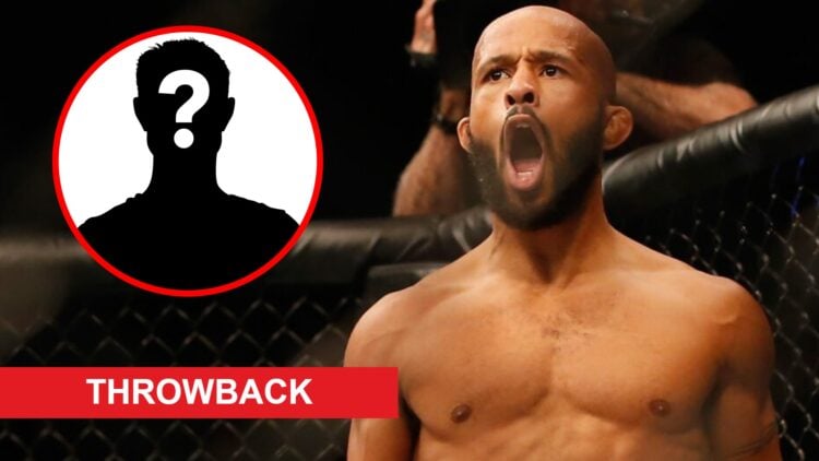 Demetrious Johnson reacts after finishing Henry Cejudo at UFC 197, inset mystery icon and throwback banner
