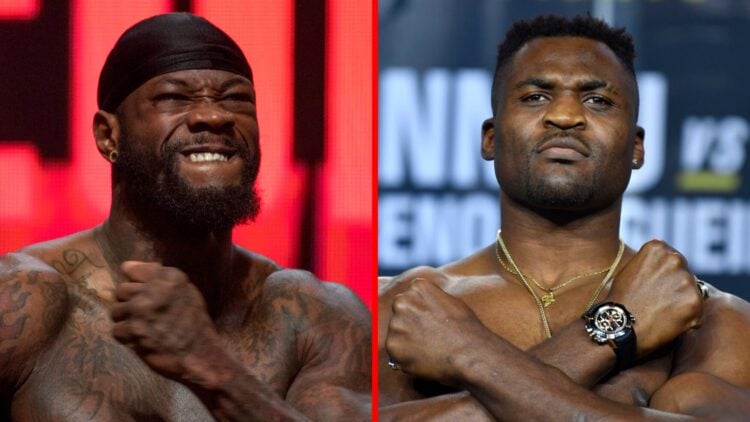 Deontay Wilder poses at the weigh-ins before his fight with Tyson Fury, Francis Ngannou poses on the scales ahead of UFC 270