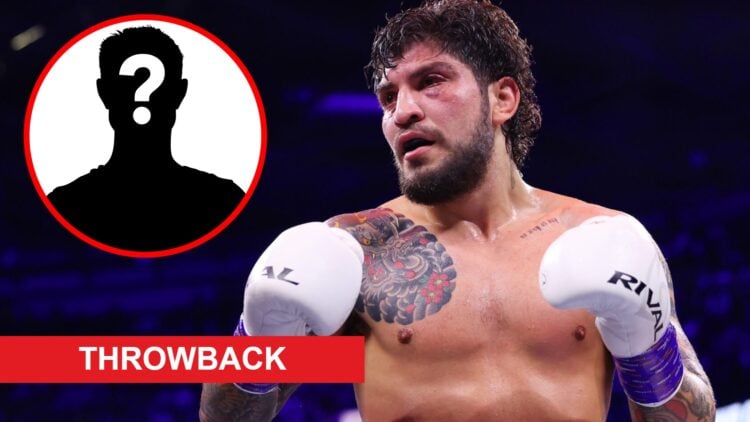 Dillon Danis looks on during his Misfits boxing match with Logan Paul, inset mystery icon and throwback banner