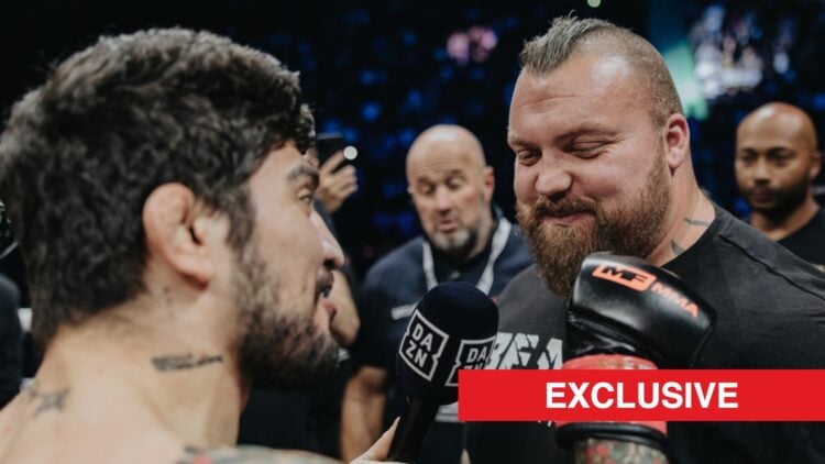 Dillon Danis and Eddie Hall facing off in the ring after Misfits Boxing
