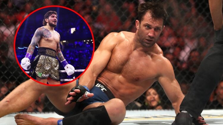 Main: Luke Rockhold after being knocked out by Jan Blachowicz during their fight at UFC 239. Inset: Dillon Danis inside the ring during his pro box...