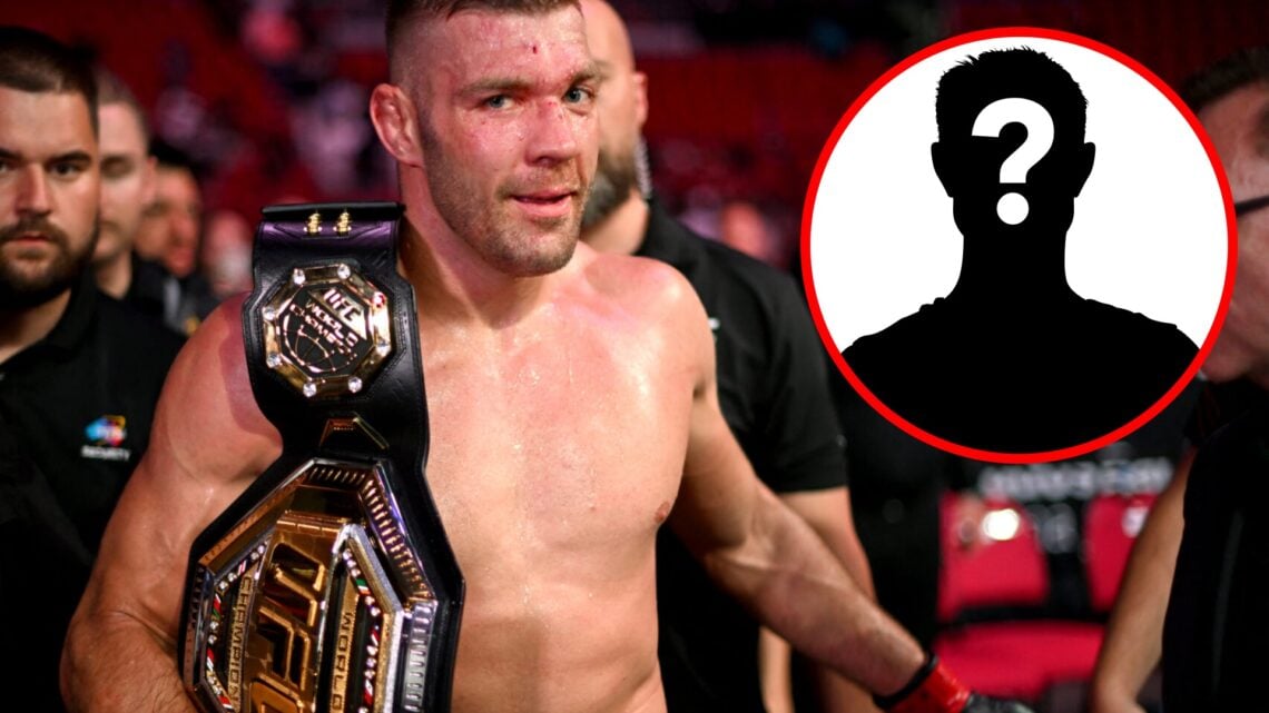 Dricus du Plessis walks to the back after beating Sean Strickland at UFC 312, inset mystery icon