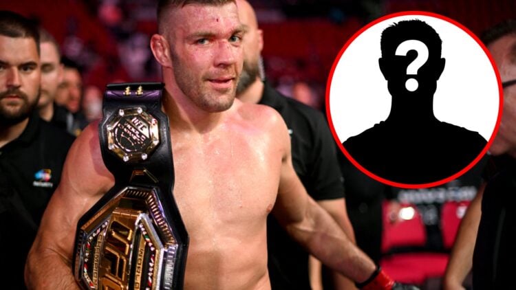 Dricus du Plessis walks to the back after beating Sean Strickland at UFC 312, inset mystery icon