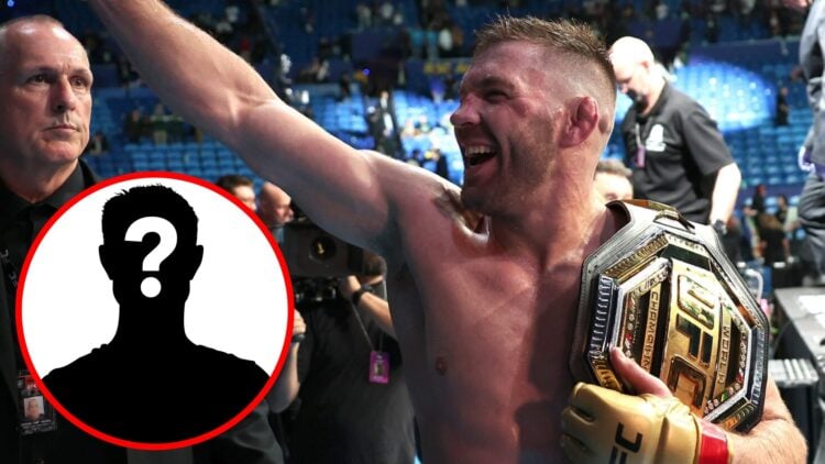 Dricus du Plessis celebrates after exiting the Octagon following his win over Israel Adesanya at UFC 305, inset mystery icon