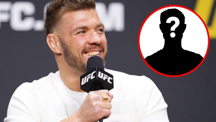 Dricus du Plessis on stage at the UFC 2024 seasonal press conference, inset mystery icon