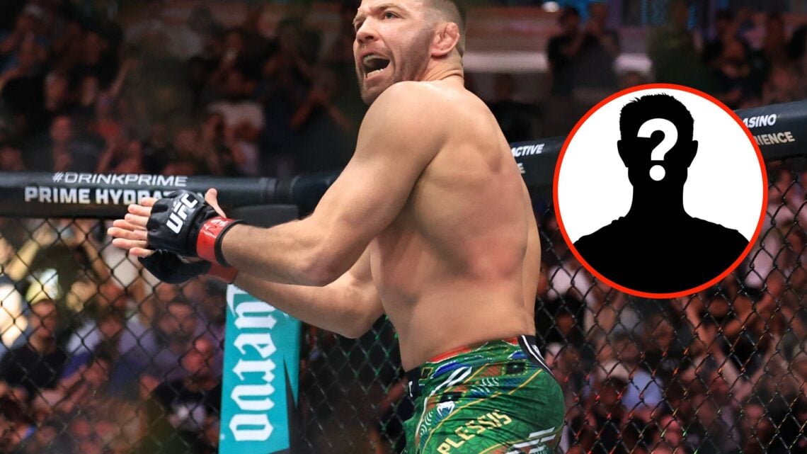 Center: Dricus du Plessis in the Octagon before his middleweight title fight with Khamzat Chimaev at UFC 319 in Chicago, Illinois. Insert: Mystery ...