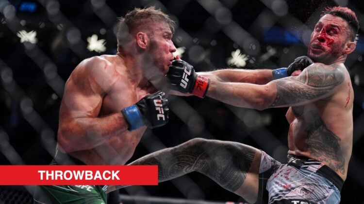Dricus du Plessis punches Brad Tavares during their fight at UFC 276
