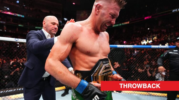 Dana White wraps the UFC middleweight title around Dricus du Plessis after his win over Sean Strickland at UFC 297