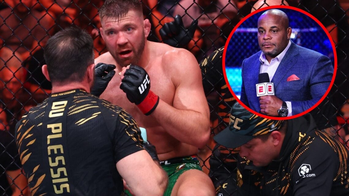 Dricus du Plessis speaks to his corner between rounds at UFC 319, inset Daniel Cormier looks on during the UFC 309 broadcast