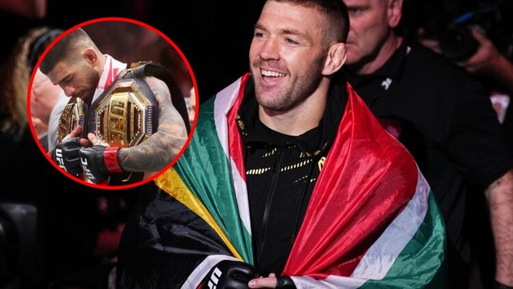 Main: Dricus du Plessis walks to the Octagon for his main event fight at UFC 312. Inset: Ilia Topuria holds two titles after his win over Charles O...